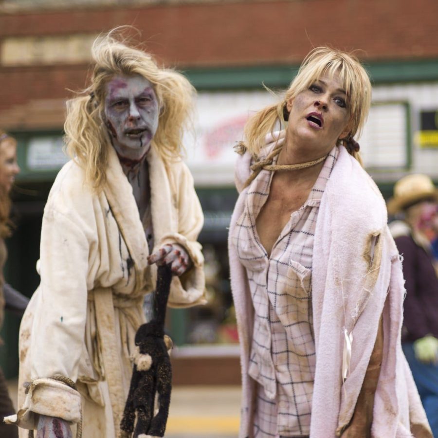 2 Blonde Zombies in Housecoats (I) — Oklahoma’s Premier Zombie Race: Zombie Bolt 5K, Guthrie, Oklahoma