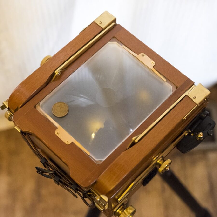 Wista 45DX 4×5 field camera, folded (penny shown for scale)