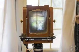 Wista 45DX 4×5 field camera, rear view showing image in ground