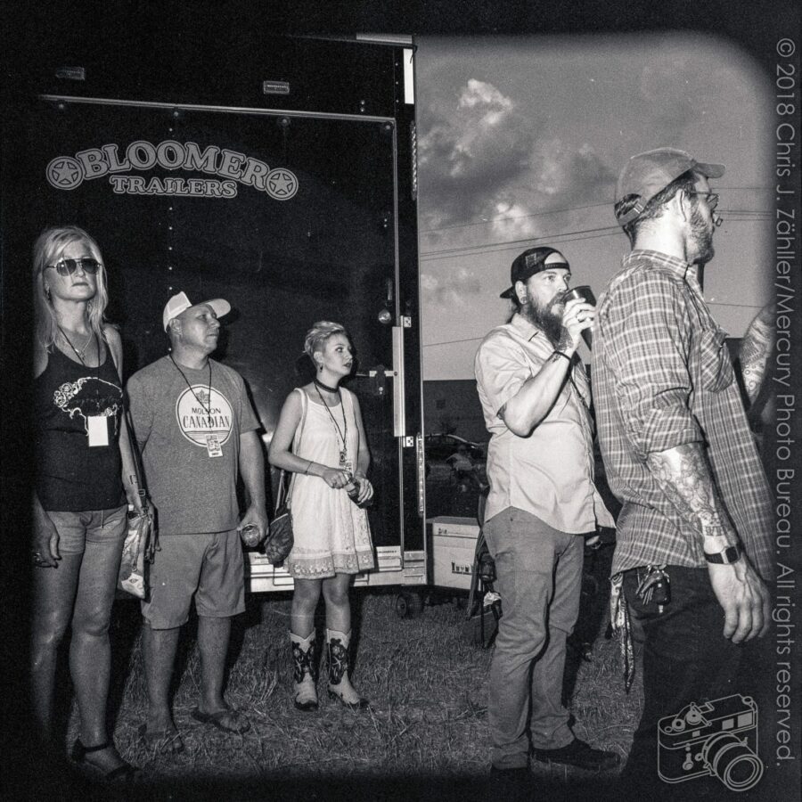 Wendy Thomas-Pomeroy, Skip Pomeroy, Ken Pomeroy, & Josh Pōlaschek — Backstage at the 21st Annual Woody Guthrie Festival, 2018