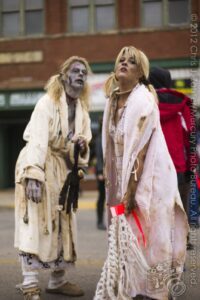 2 Blonde Zombies in Housecoats (II) — Oklahoma’s Premier Zombie Race: Zombie Bolt 5K, Guthrie, Oklahoma