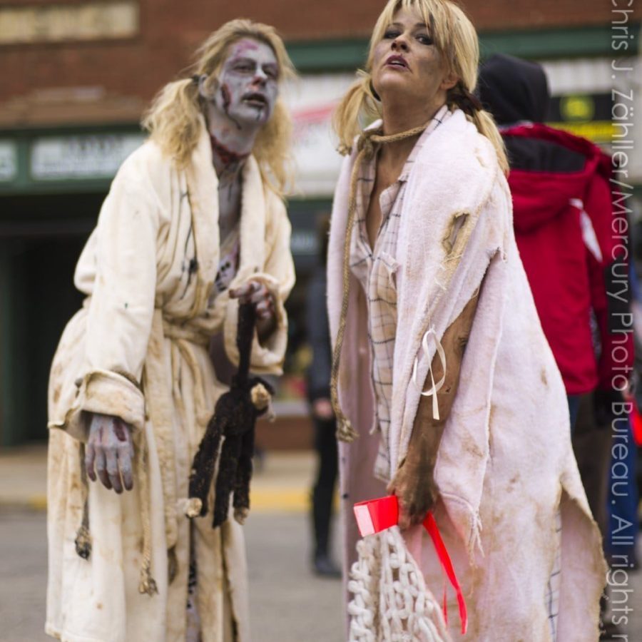 2 Blonde Zombies in Housecoats (II) — Oklahoma’s Premier Zombie Race: Zombie Bolt 5K, Guthrie, Oklahoma