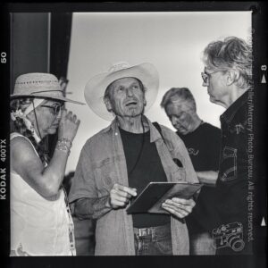 Melissa E. Noble, Butch Hancock, Roger Osburn, & Hank Woji (Backstage) — 22nd Annual Woody Guthrie Festival, 2019