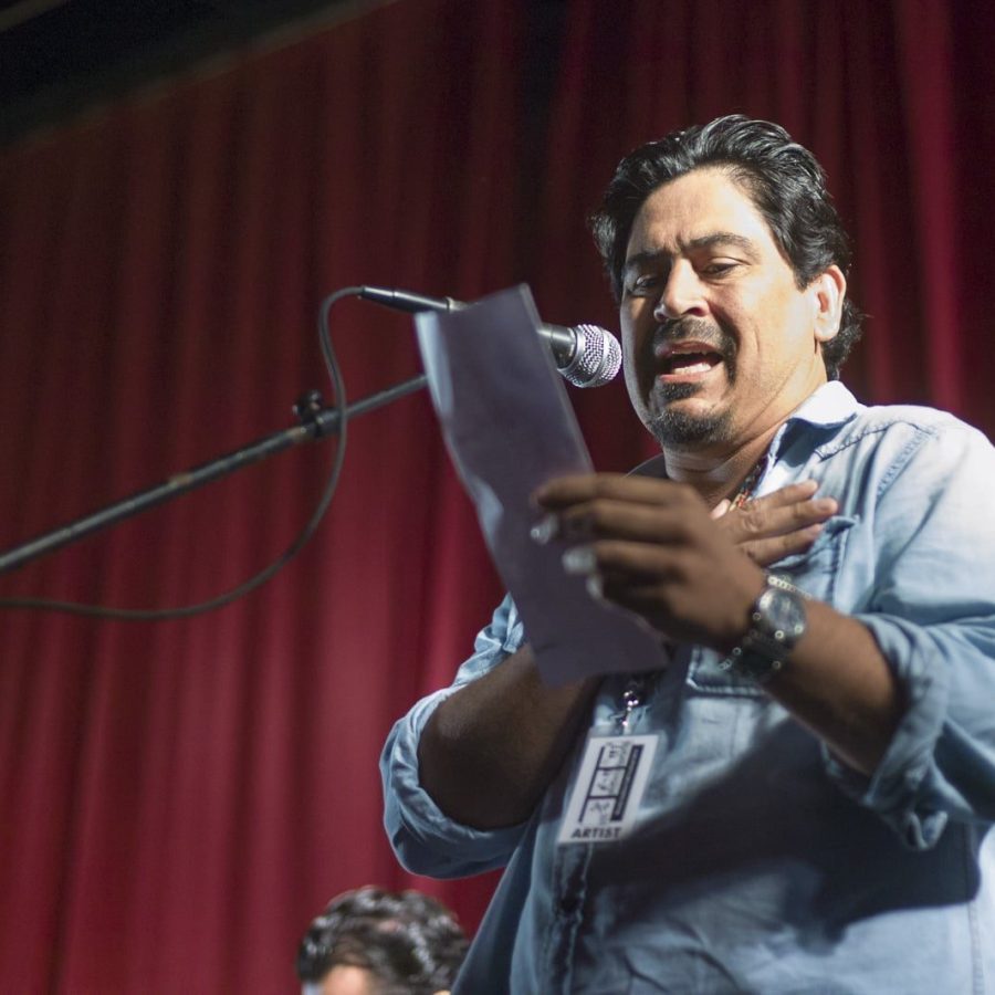 Tim Z. Hernandez reads the names of those killed in the Plane Wreck at Los Gatos — 17th Annual Woody Guthrie Folk Festival, 2014