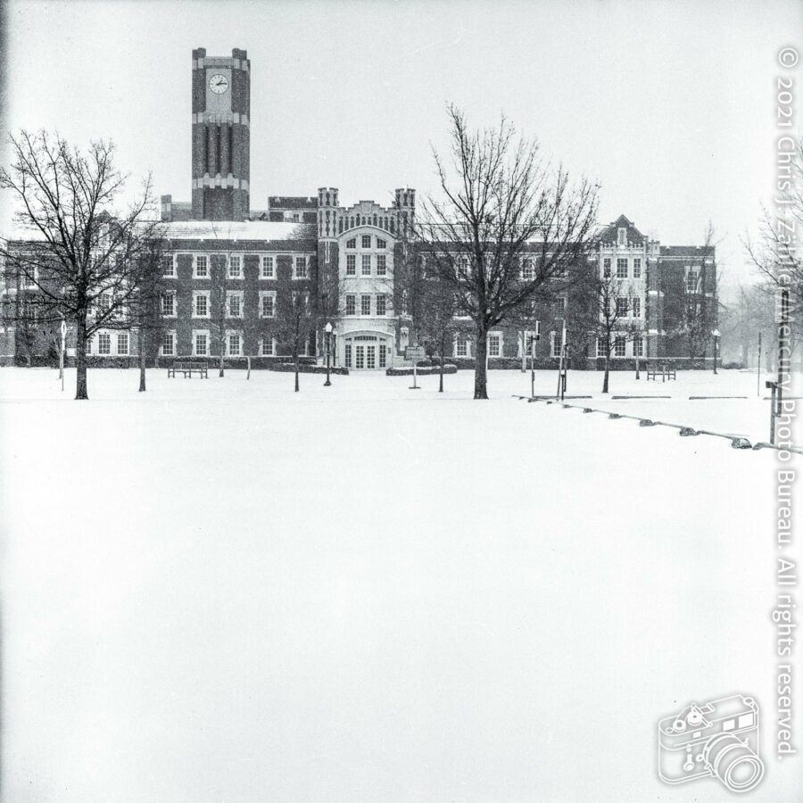 Ellison Hall in Snow, University of Oklahoma, Valentine’s Day 2021